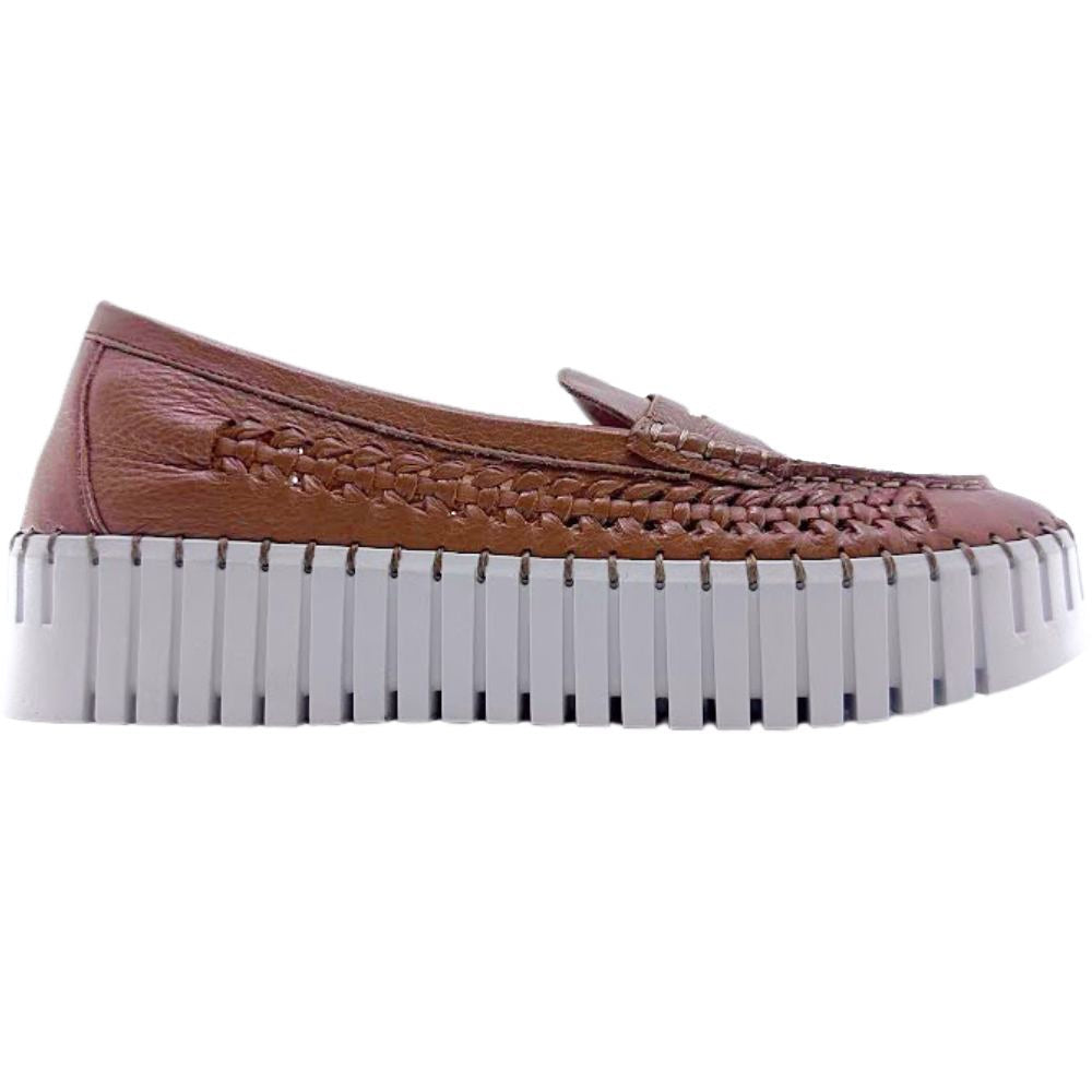 Tan woven leather platform loafer with white sole on a white background