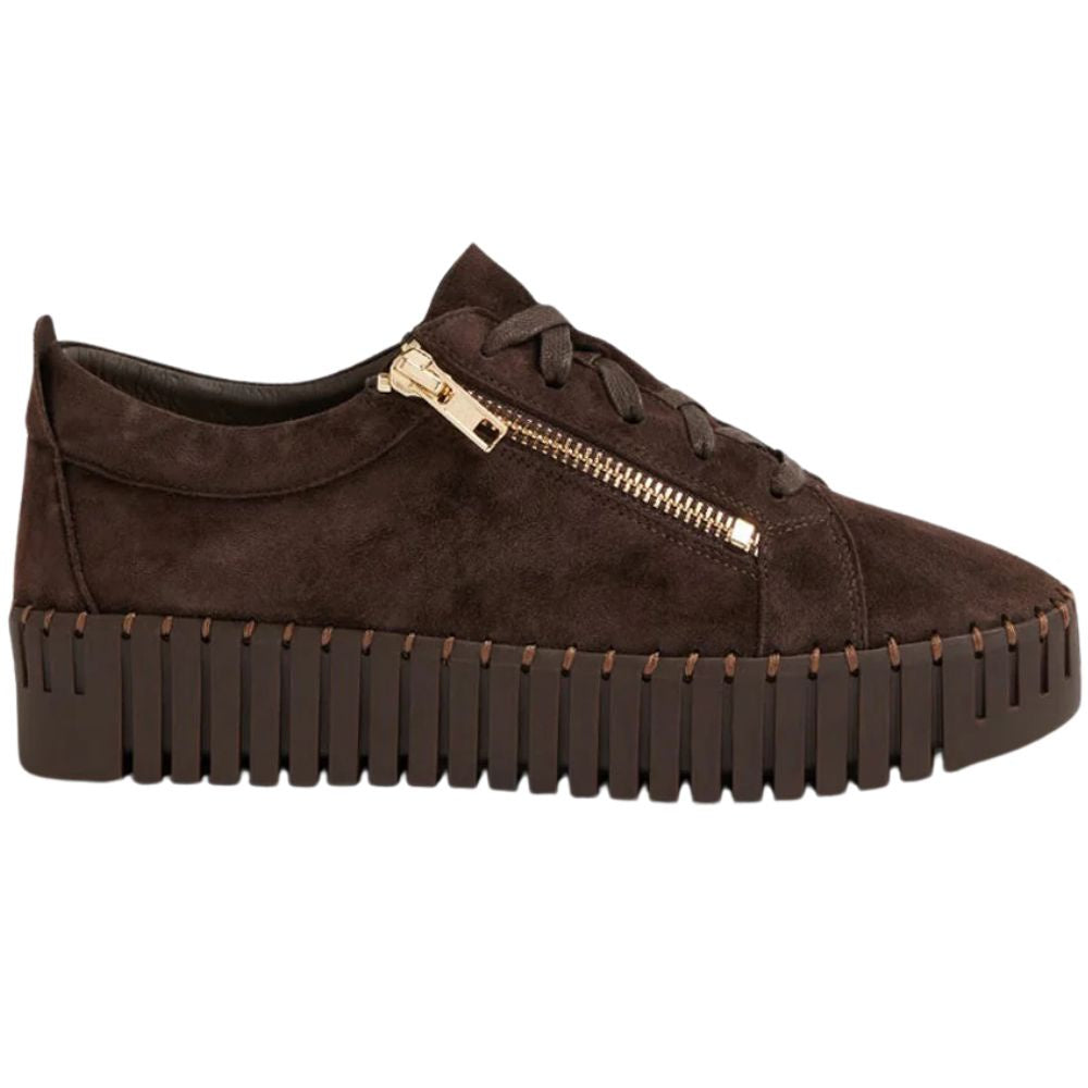 Brown suede sneaker with gold zipper on a white background
