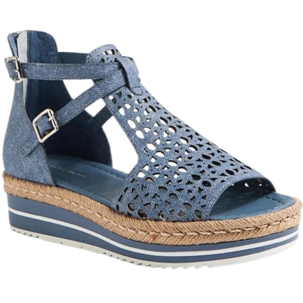 A women's platform wedge sandal in a denim blue leather with laser-cut upper details, ankle straps, and a jute-wrapped sole, shown against a white background.
