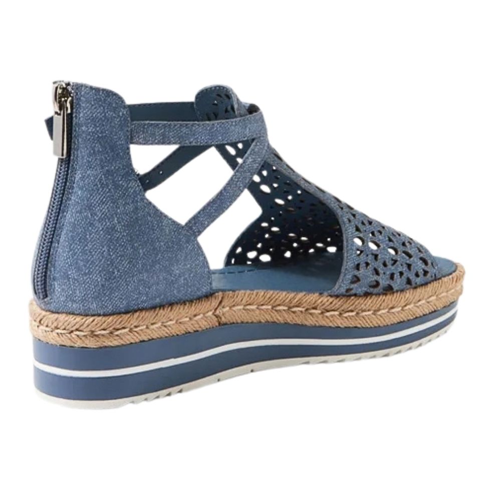 A single women's wedge sandal shown from the side/back on a white background. The upper is made of blue denim leather with cutout details, a rear zipper, and crisscross ankle straps.