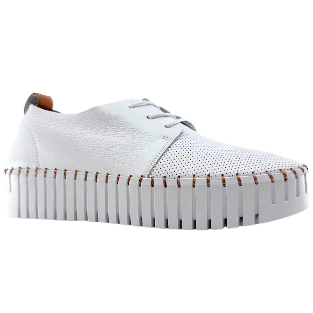 White sneaker with tan accents and a cleated sole on a white background