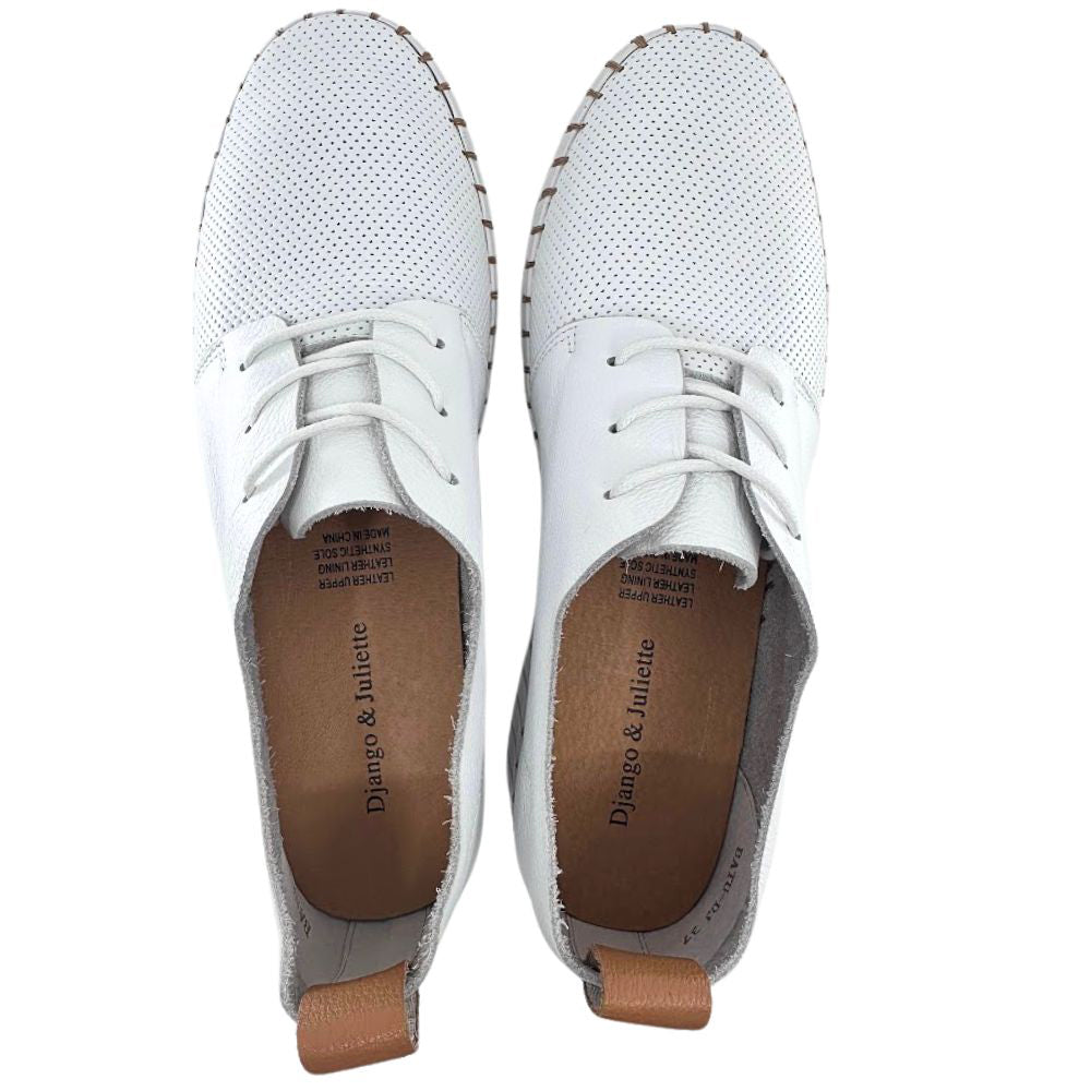 White lace-up sneakers with tan accents and a perforated top on a white background