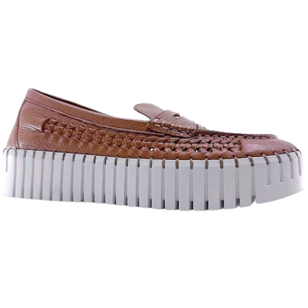 Tan woven leather platform loafer  with white sole on a white background
