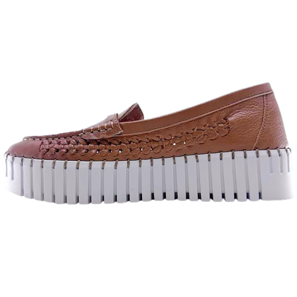 Tan woven leather platform loafer with white sole on a white background