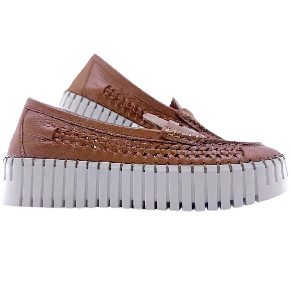 Tan woven leather platform loafer with white soles on a white background