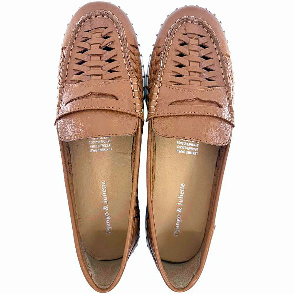Pair of tan loafers with woven leather design on a white background