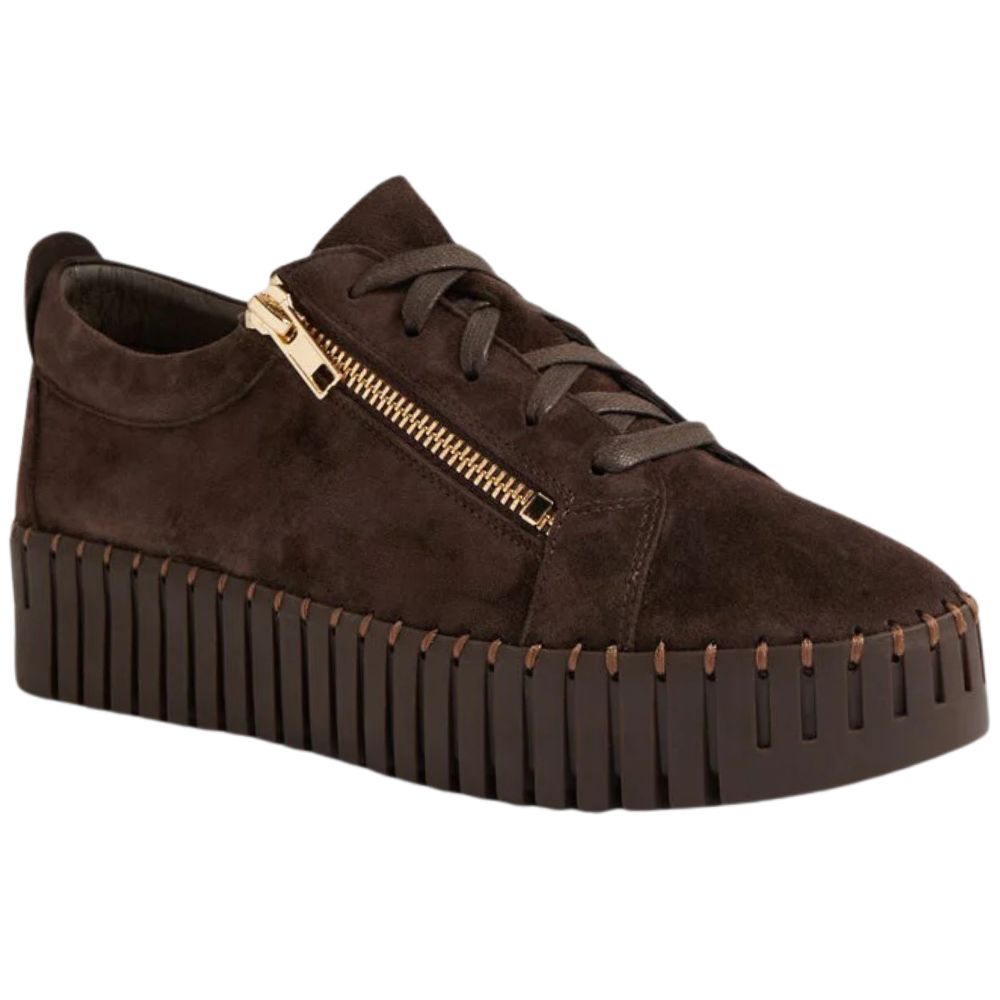 Brown suede sneaker with a gold zipper on a white background