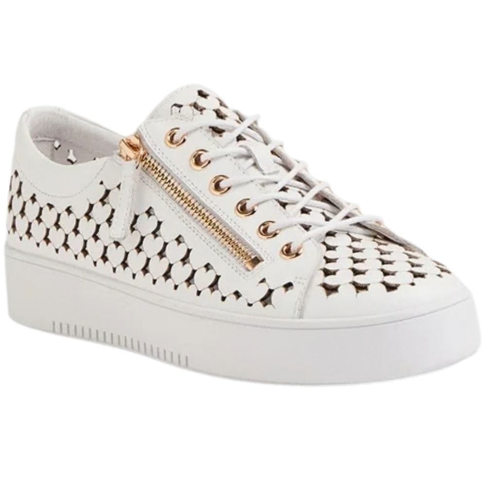 A white leather low-top sneaker featuring a heart shaped cutout pattern, a gold-tone side zipper, and matching gold eyelets, shown against a plain white background.