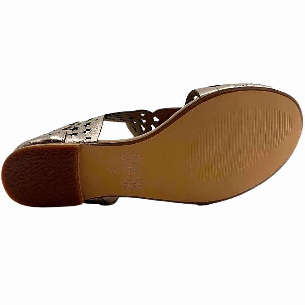 The brown outsole of a sandal showing a textured rubber heel and an outsole with a tread pattern, against a white background.