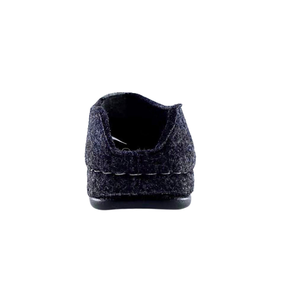 Back of dark grey wool slipper on a white background