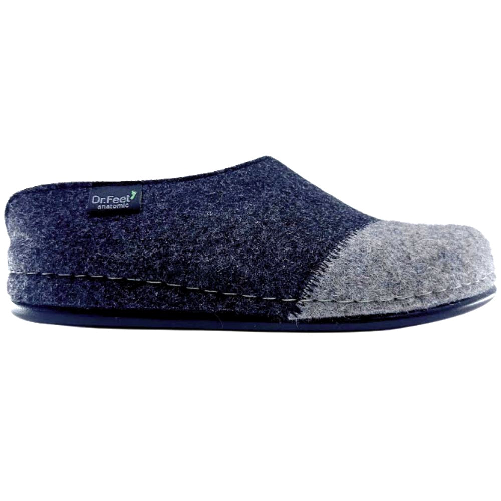 Black and grey wool slipper with 'Dr. Feet' label on a white background