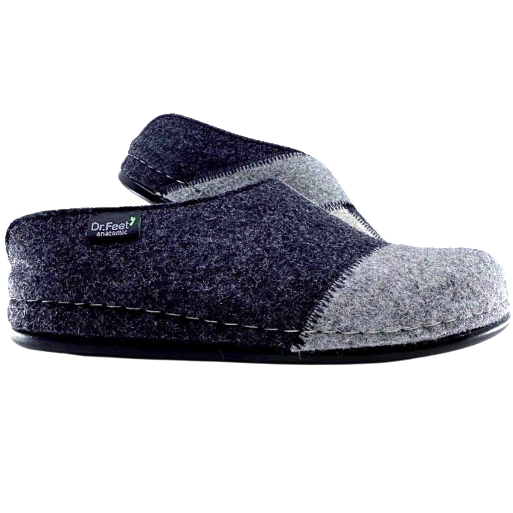 Pair of black and grey wool slippers with a visible brand logo on a white background