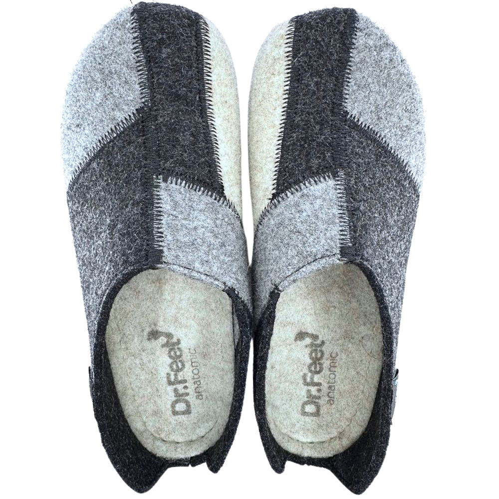 Pair of grey and black wool slippers with 'Dr. Feet' branding on a white background