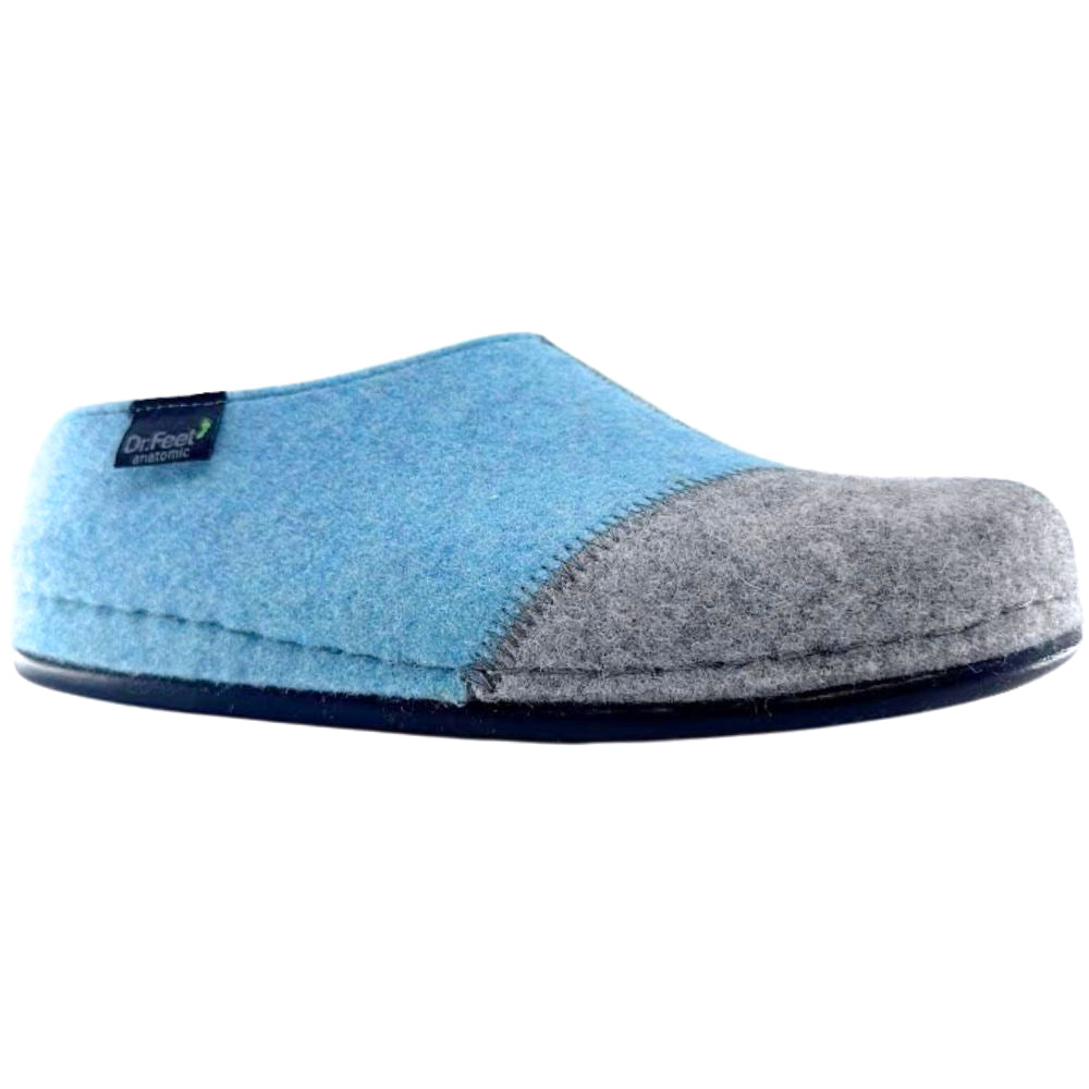 Blue and grey wool slipper with a brand label on a white background