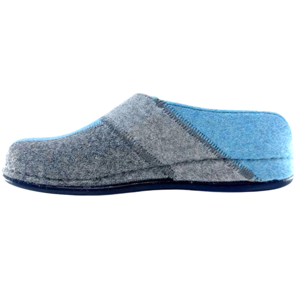 Grey and blue wool slipper on a white background