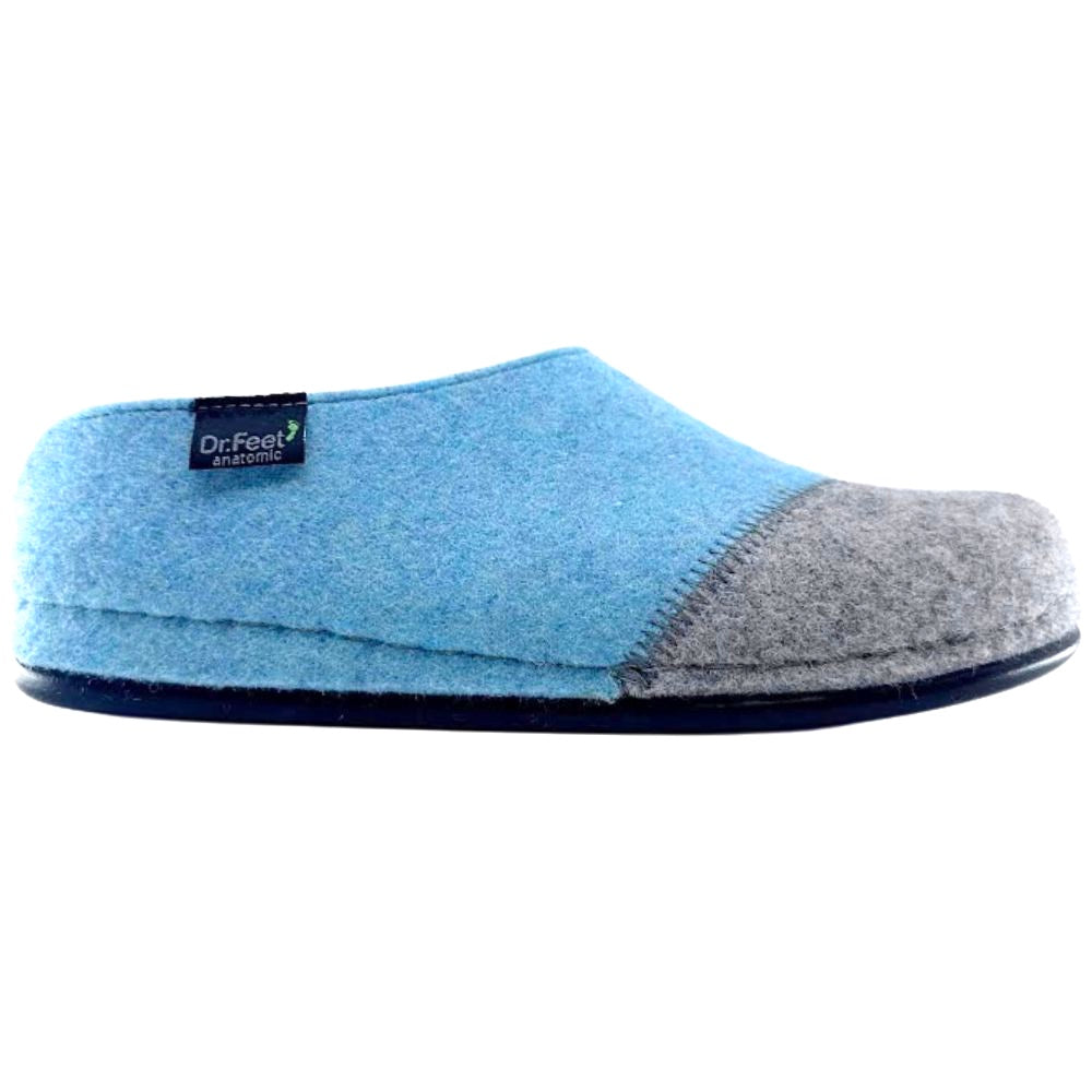 Blue and grey wool slipper with Dr. Feet logo on a white background