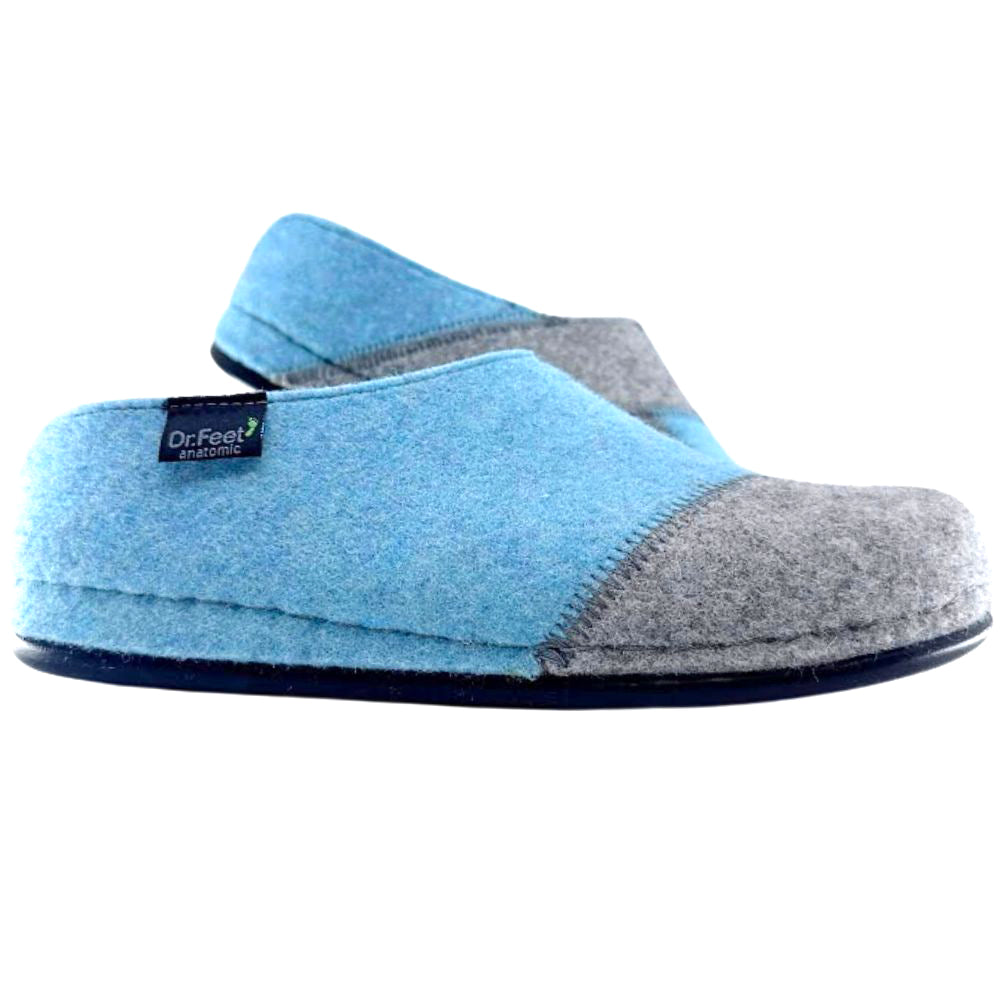 Blue and grey wool slippers with 'Dr. Feet' label on a white background