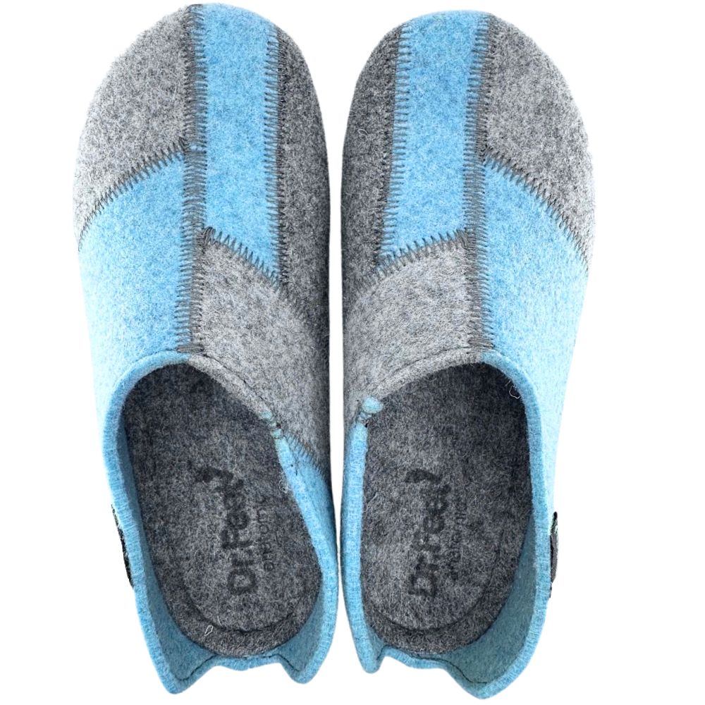Pair of blue and grey wool slippers on a white background