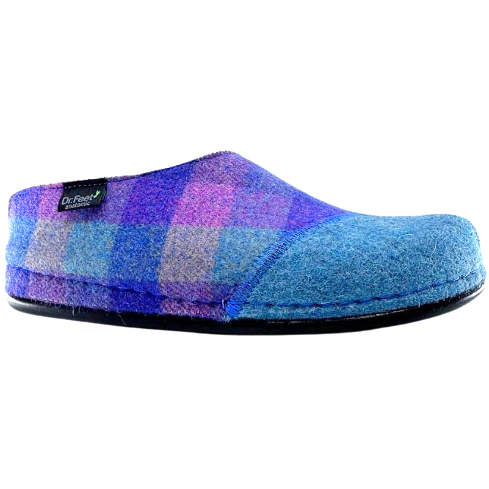 Blue and purple checkered wool slipper with Dr. Feet logo on a white background