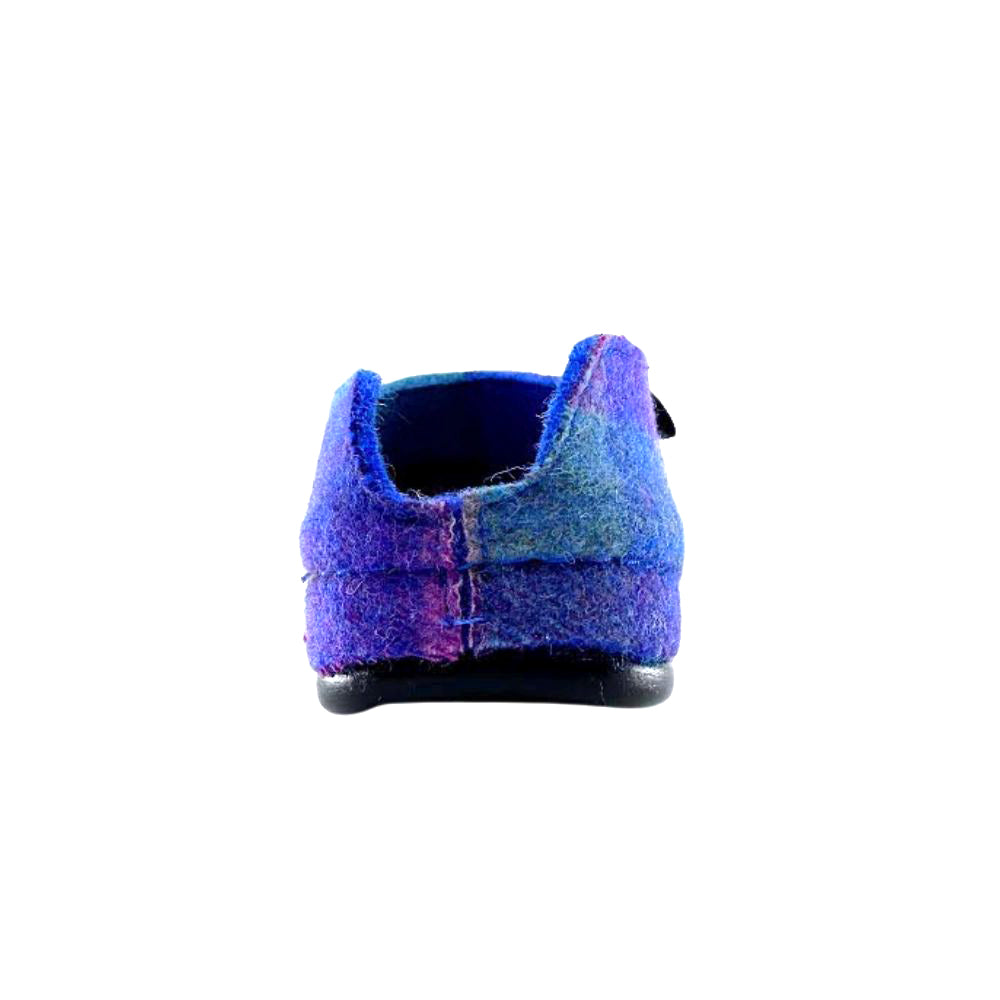 Blue and purple checkered wool slipper on a white background