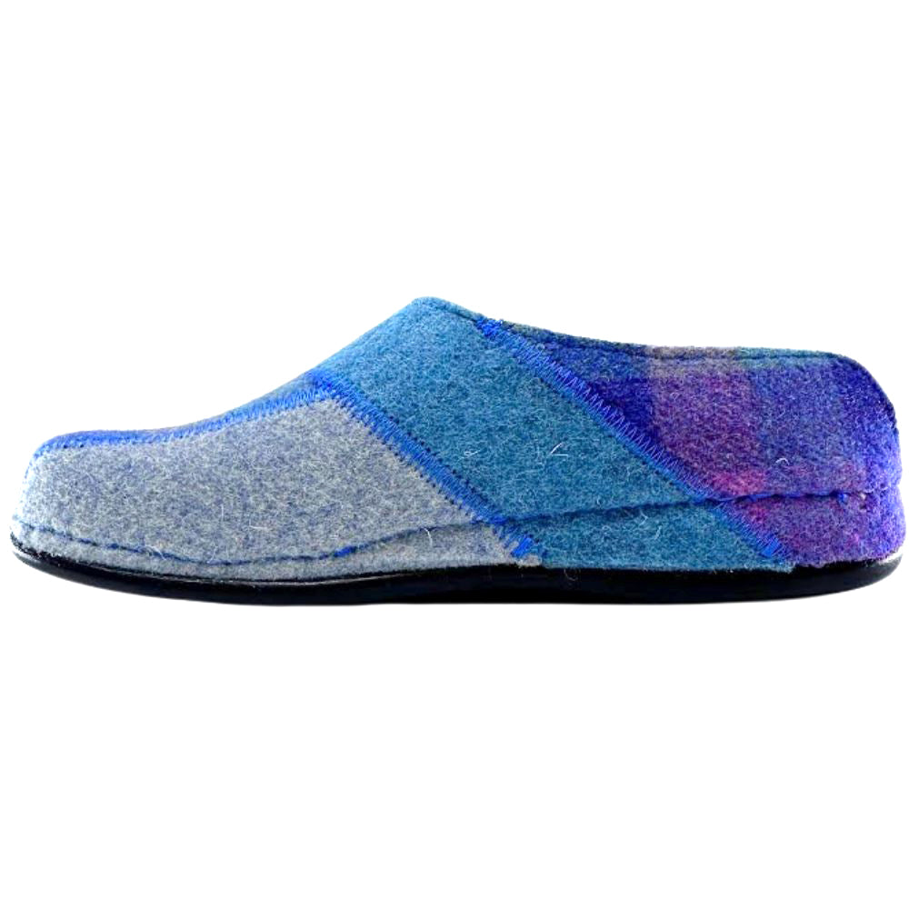 Blue, grey and purple wool slipper on a white background