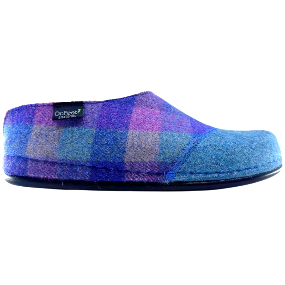 Blue and purple checkered wool slipper with Dr. Feel logo on a white background