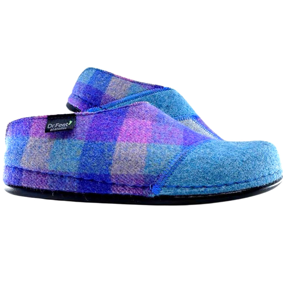 Blue and purple checkered wool slipper on a white background
