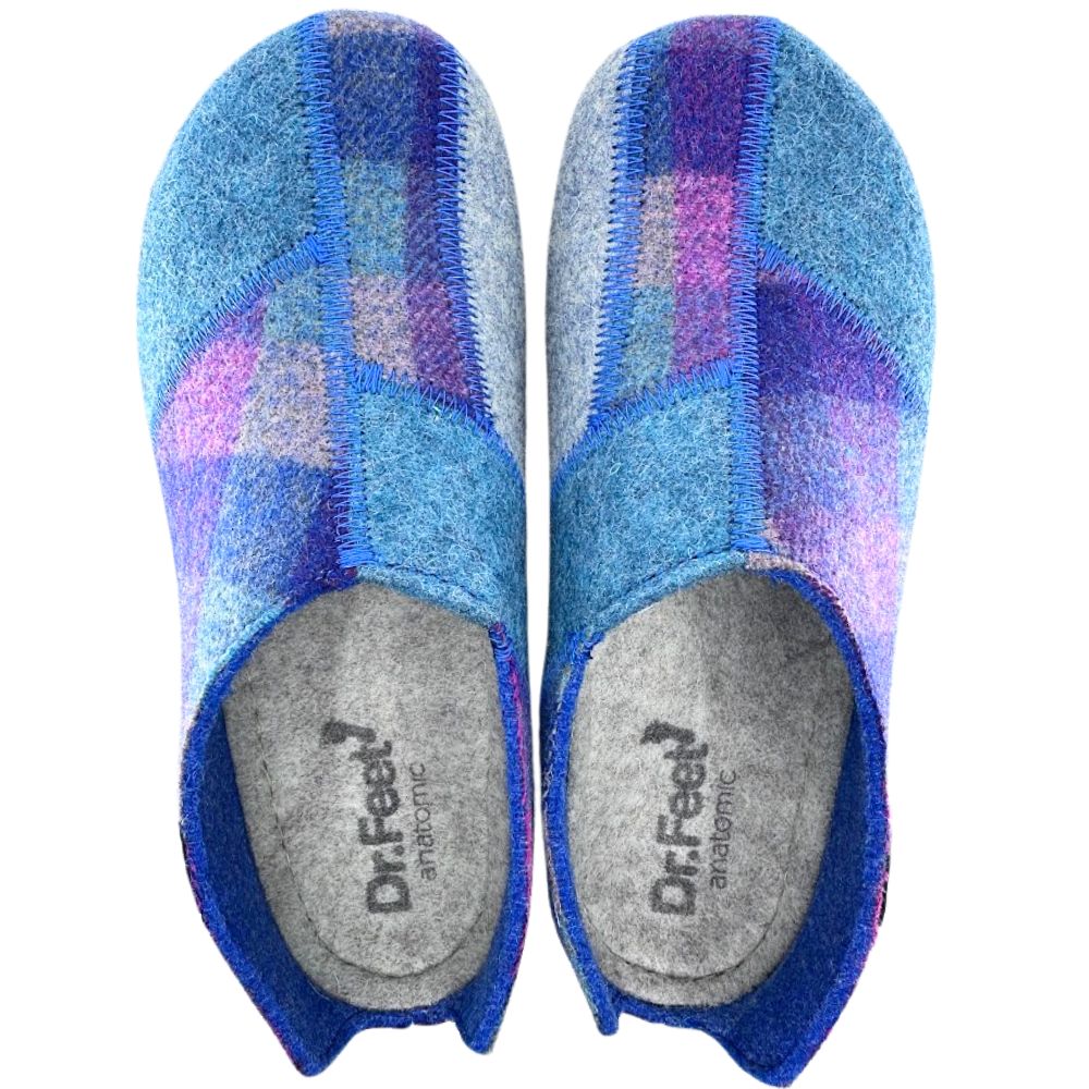 Pair of blue and purple checkered wool slippers with 'Dr. Feel' branding on a white background