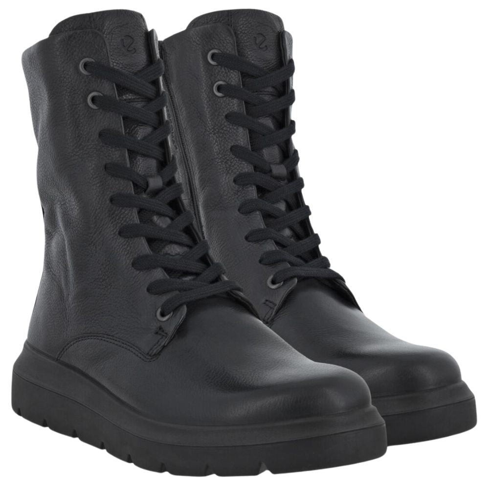 A pair of black, lace-up ECCO boots with a hidden side zip and a low heel.