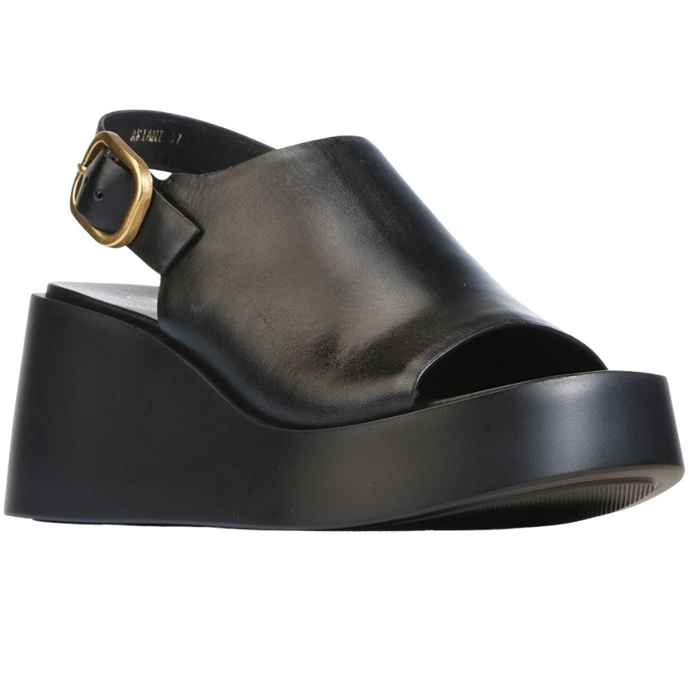 A black leather platform sandal with a wide strap and a gold buckle, shown from a side profile on a white background.