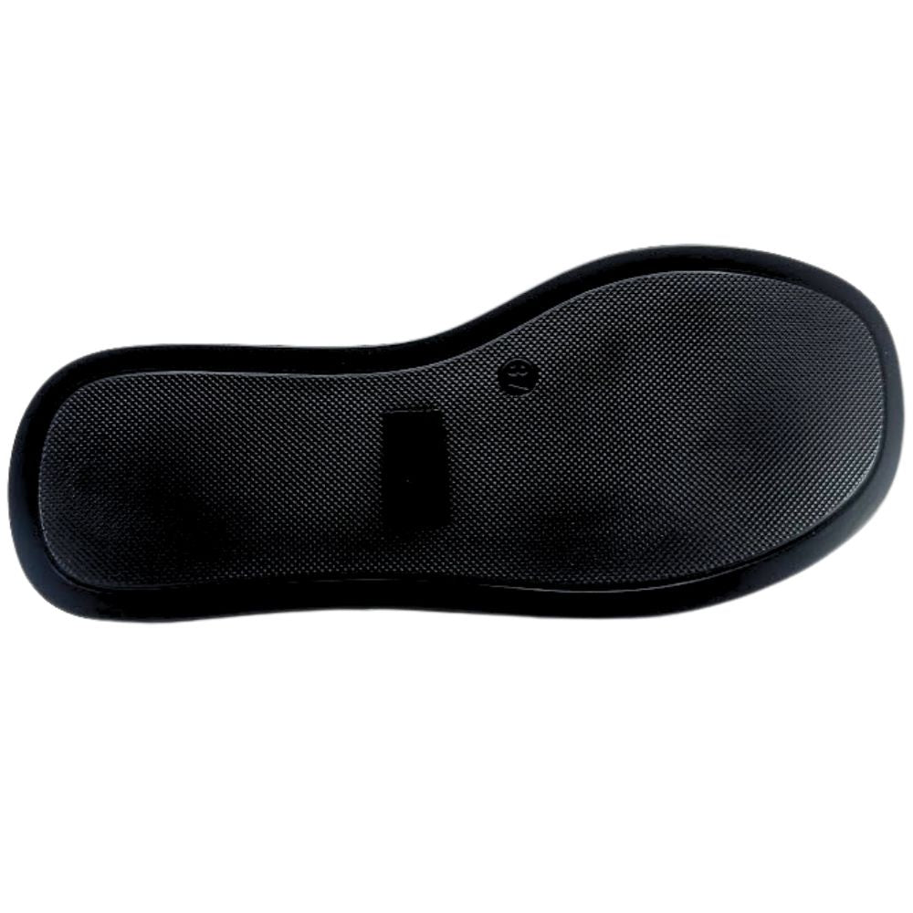 Black TPU rubber outsole of an EOS sandal, showing a textured pattern against a white background.