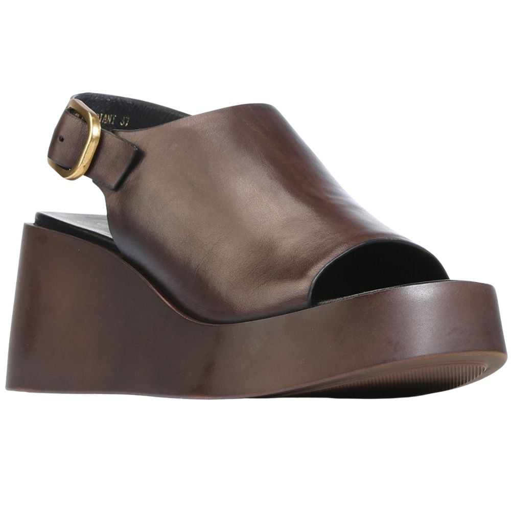 A dark brown leather wedge sandal with an open toe, a thick platform wedge, and a gold-tone buckle strap on the ankle, shown against a plain white background.