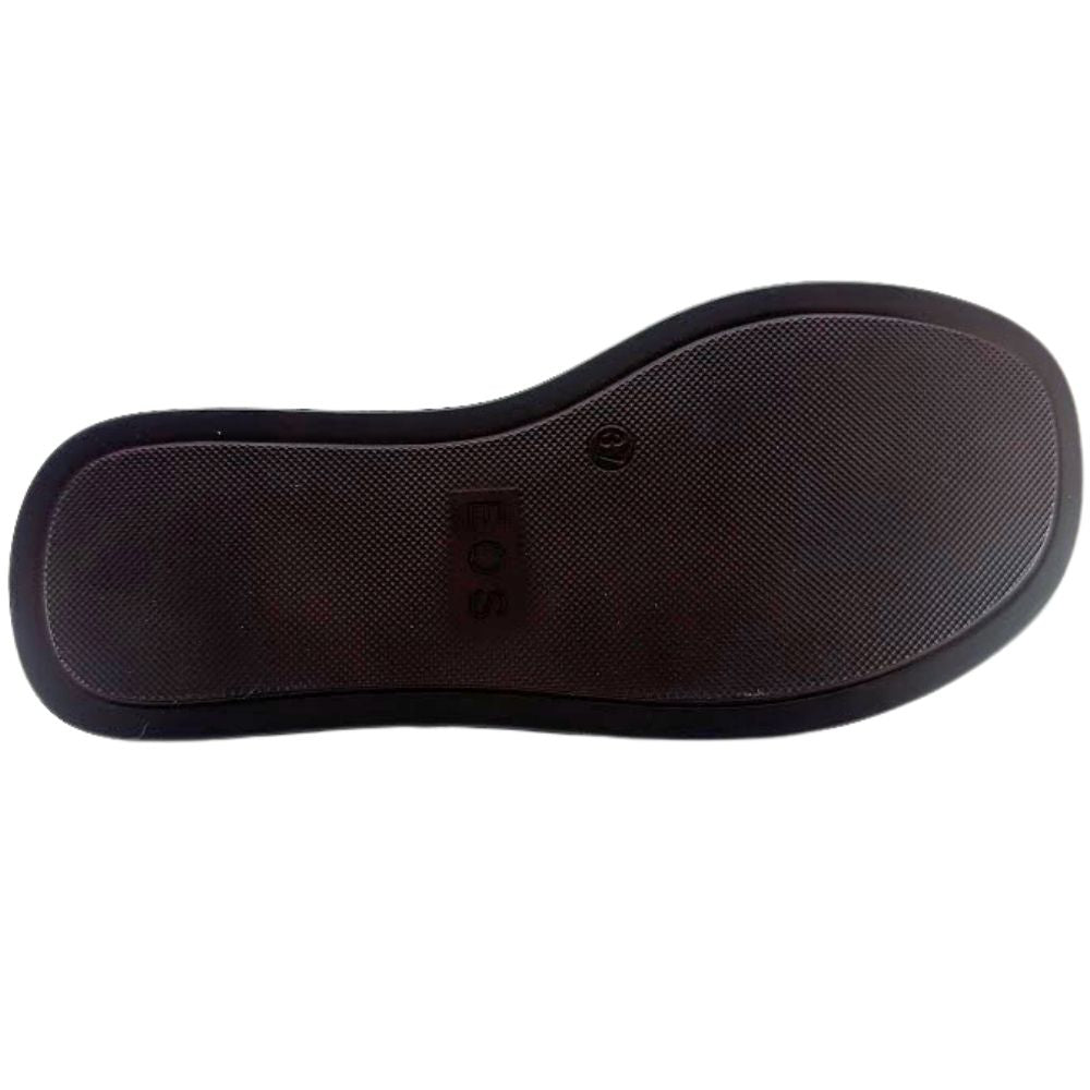 A dark brown TPU rubber outsole of an EOS sandal, showing a textured pattern against a white background.