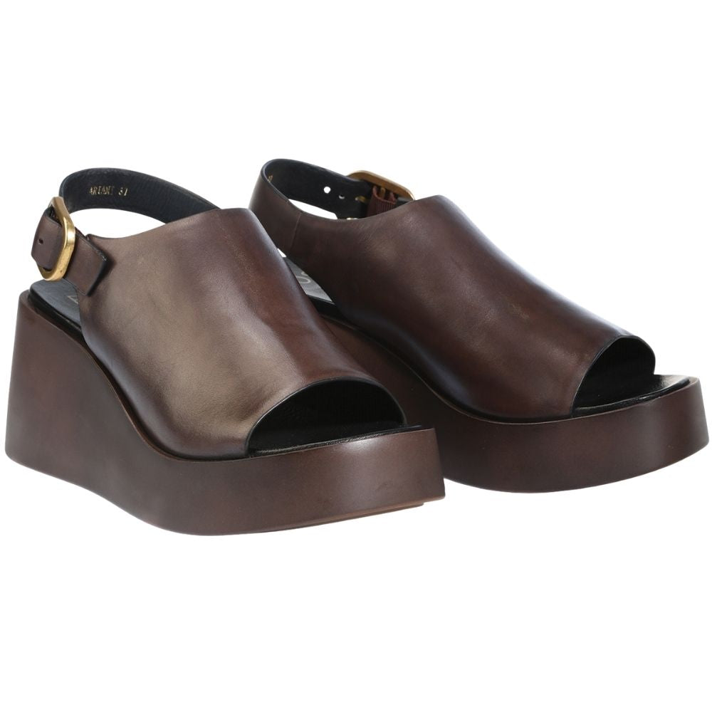A pair of dark brown leather wedge sandals with open toes, adjustable ankle straps, and gold-tone buckle details, shown on a plain white background.