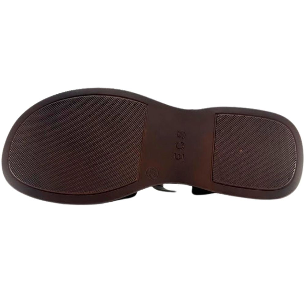 A dark brown TPU rubber outsole of an EOS sandal, showing a textured pattern against a white background.
