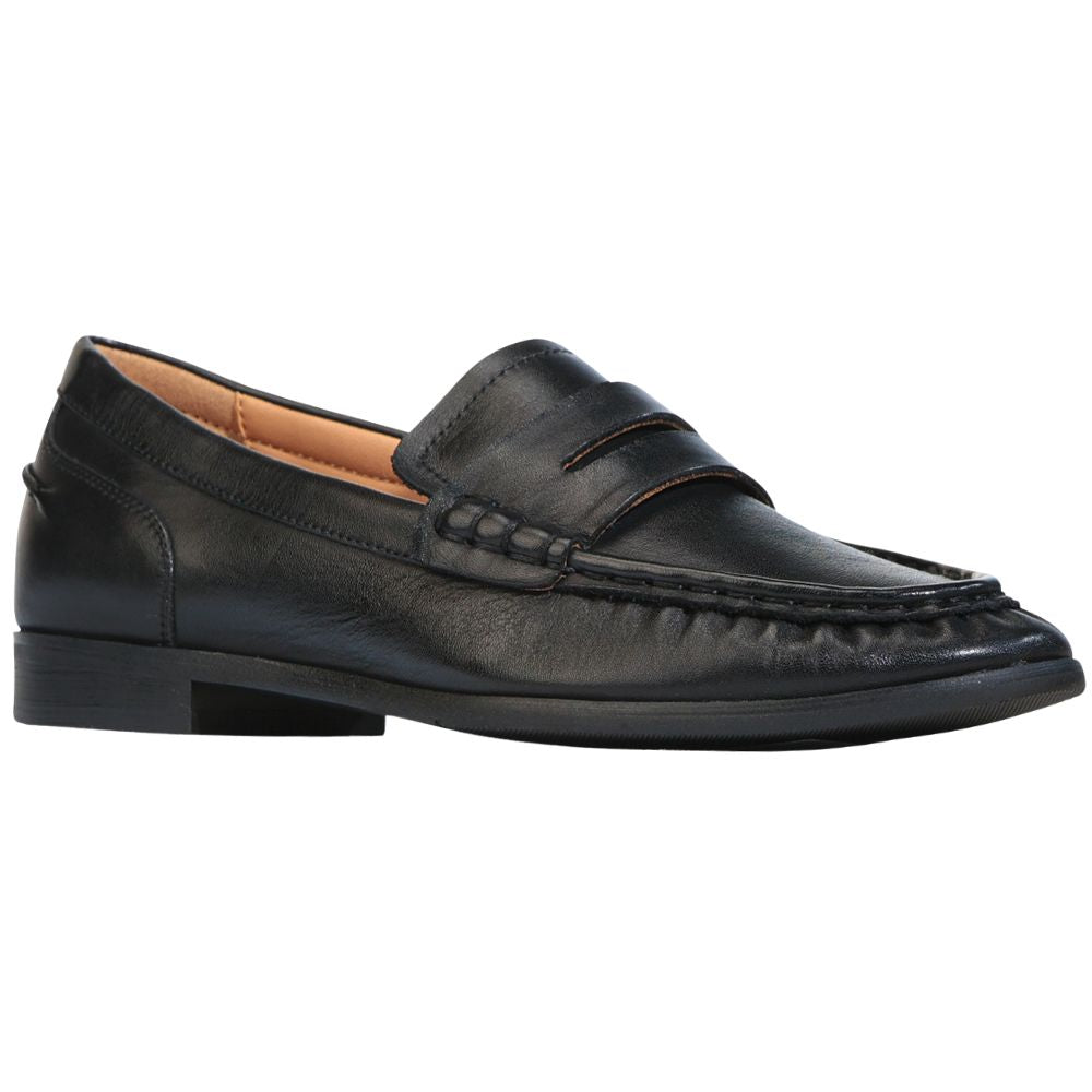 Black leather loafer shoe on a white background