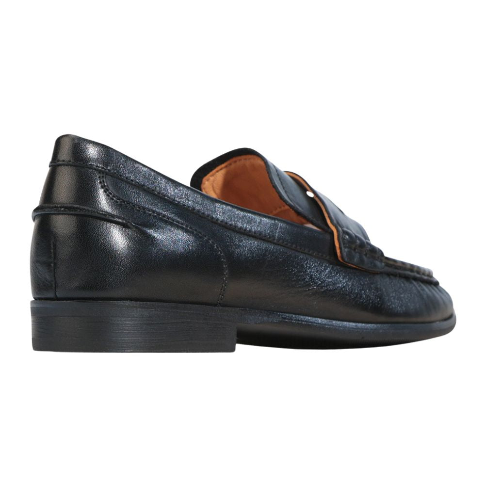 Black leather loafer shoe on a white background