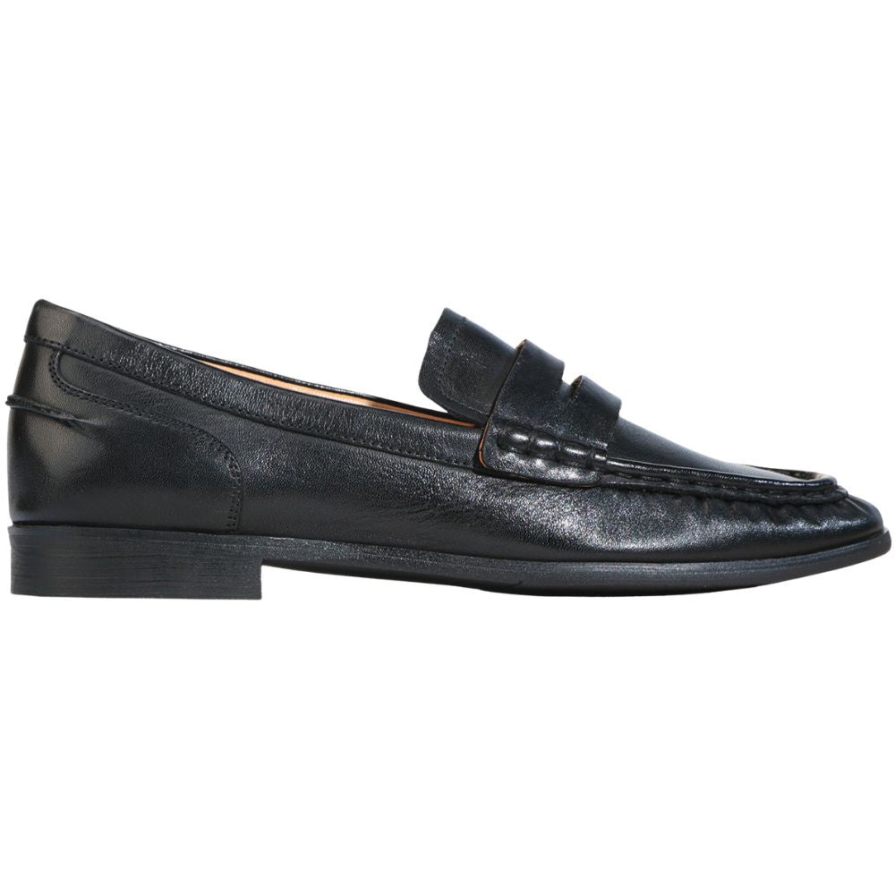 Black leather loafer shoe on a white background