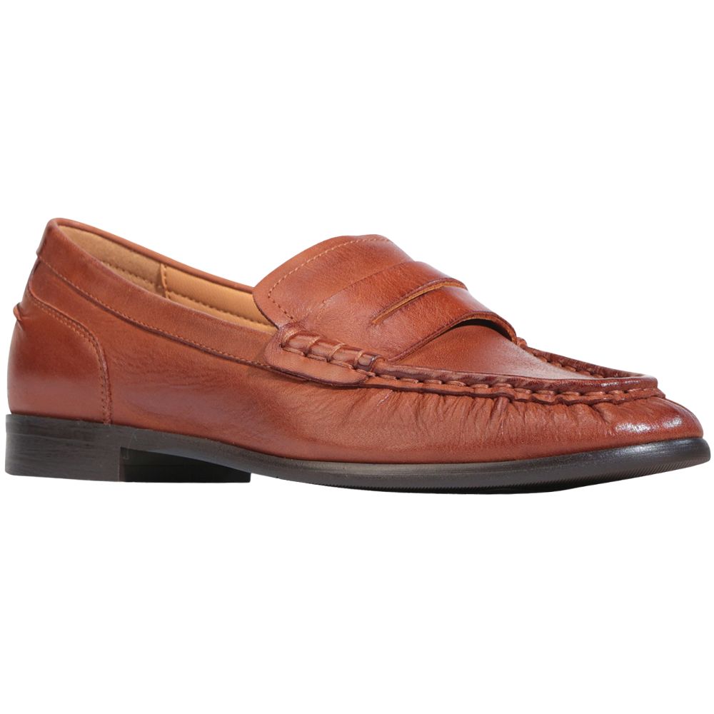 Brown leather loafer shoe on a white background