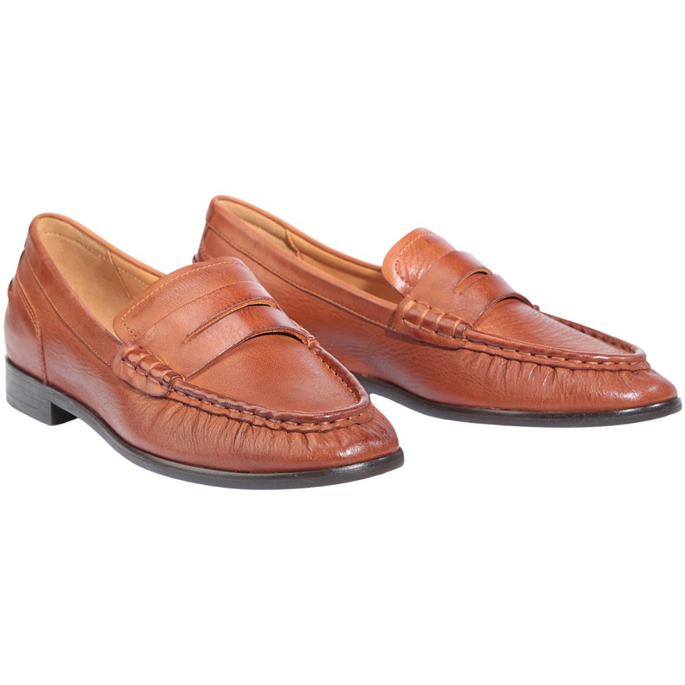 Pair of brown leather loafers on a white background