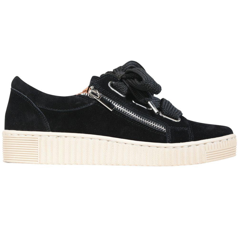 Black suede sneaker with oversized black laces and a zipper on a white background