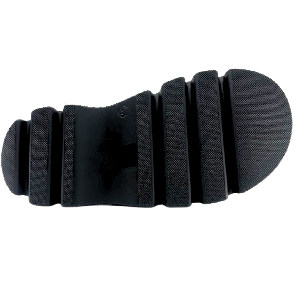 Black EVA rubber outsole of an EOS sandal, showing a textured lugged pattern against a white background.