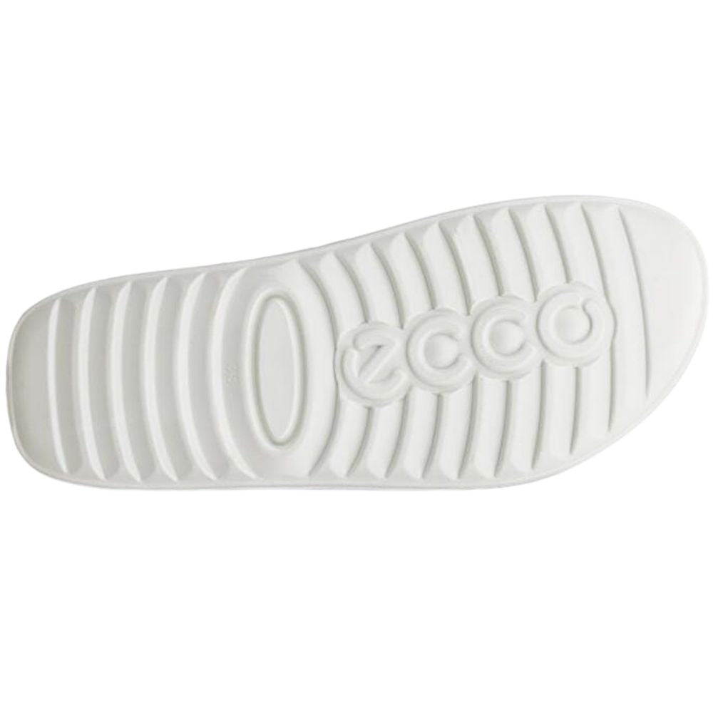White sole of a slide sandal with vertical grooves and the embossed 'ecco' logo, shown on a plain white background.