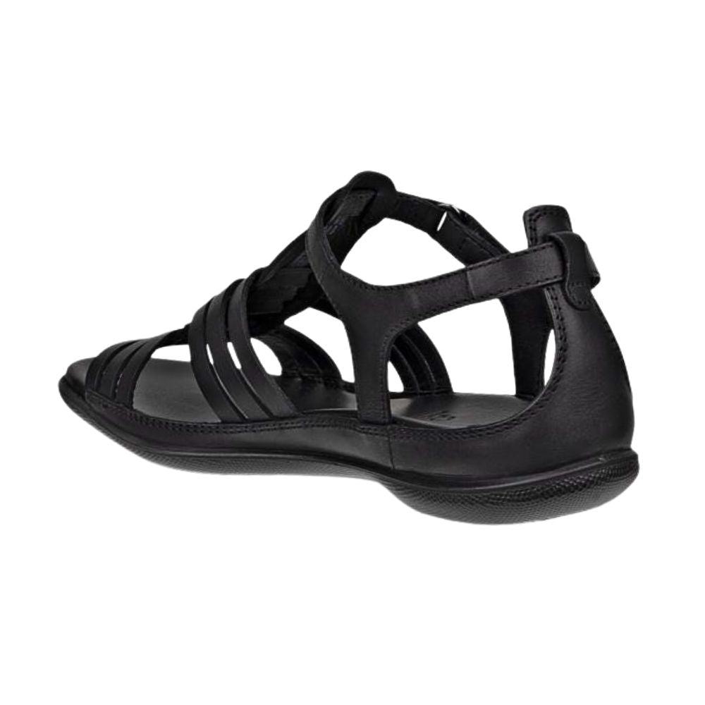A black leather strappy sandal shown from a side profile view against a plain white background.