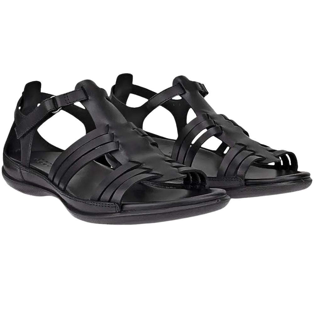 A pair of black leather strappy sandals with an open toe, shown from a three-quarters angle on a plain white background.