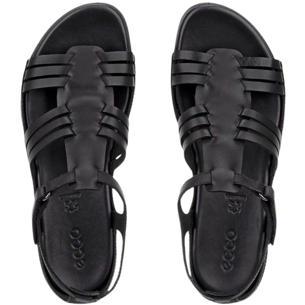 A pair of black leather strappy sandals shown from a top-down view on a plain white background. The brand name 'ecco' is embossed on the footbed.