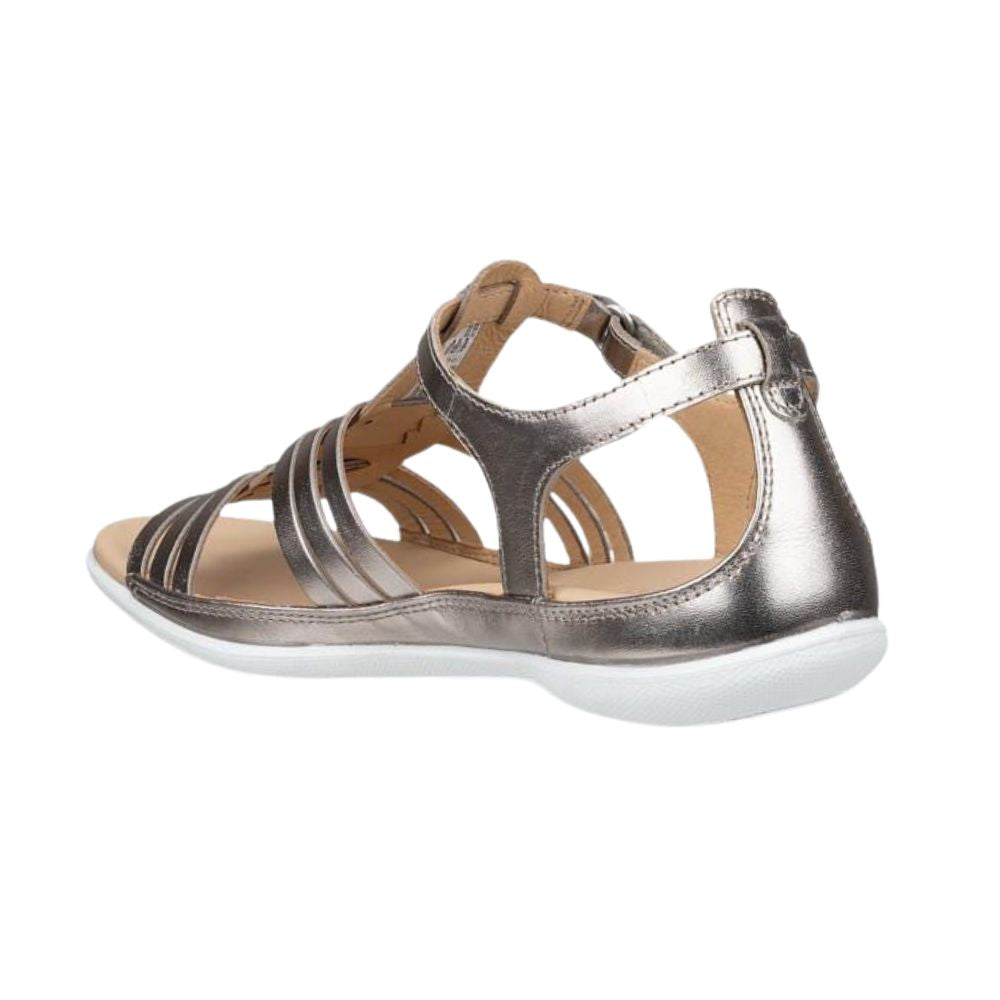 A metallic pale gold strappy sandal with a white sole, shown from a side profile view on a white background.