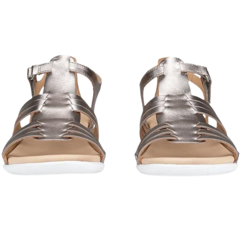 A pair of metallic pale gold strappy sandals with white soles, shown from a front-facing perspective on a plain white background.