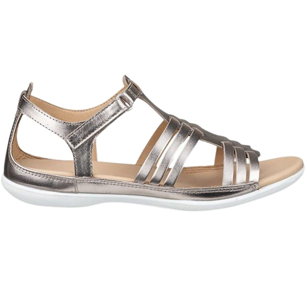 A metallic pale gold strappy sandal with a T-strap and adjustable ankle buckle, shown in a side profile on a white background.