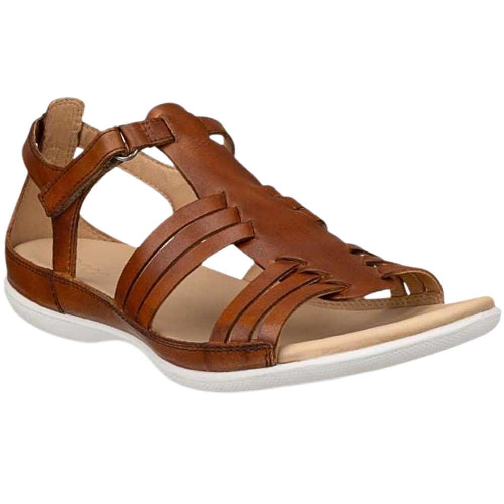 A brown leather strappy sandal with a white sole, shown from a three-quarters angle on a white background.